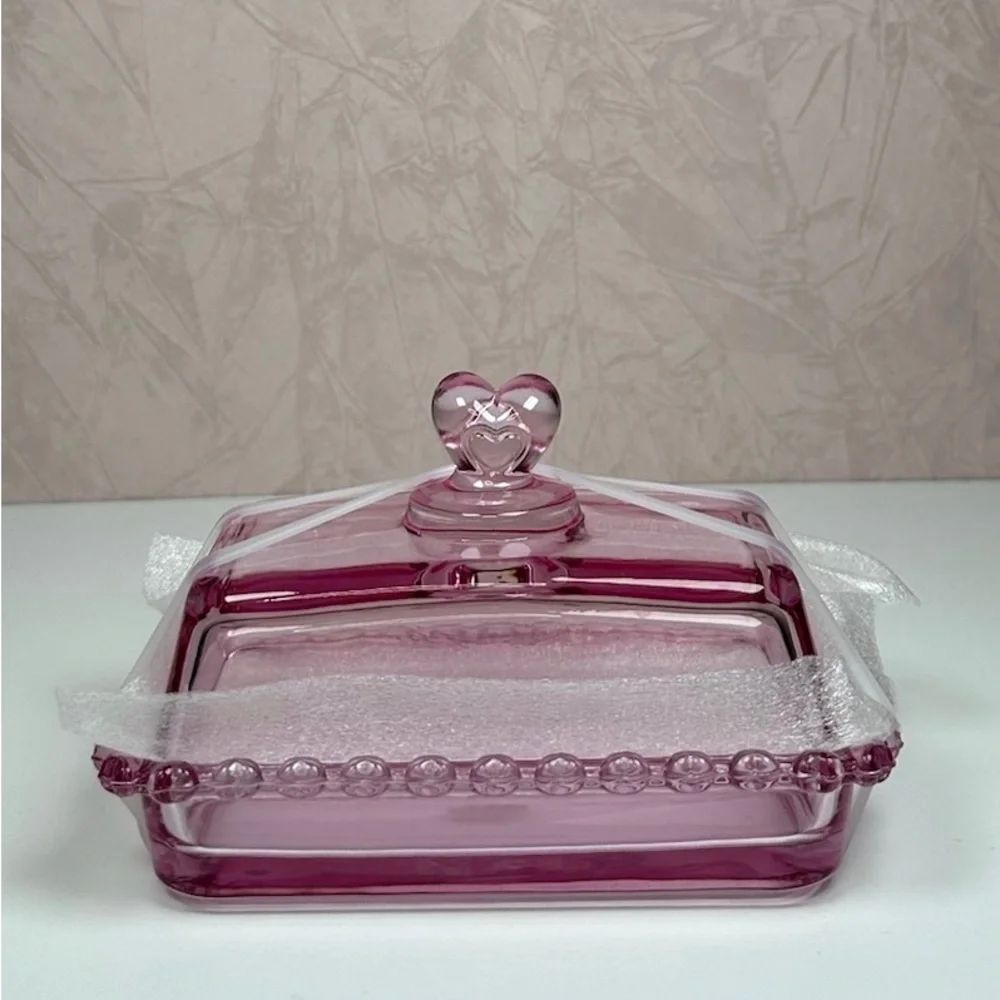 Pink Glass Butter Dish with Heart Handle